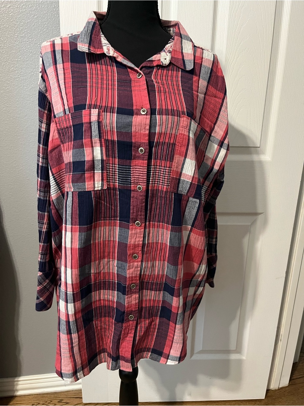 Pink and Navy Plaid Button-Up Shirt